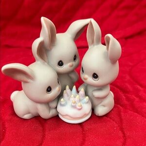 Precious Moments Gray Bunnies with Colorful Cake